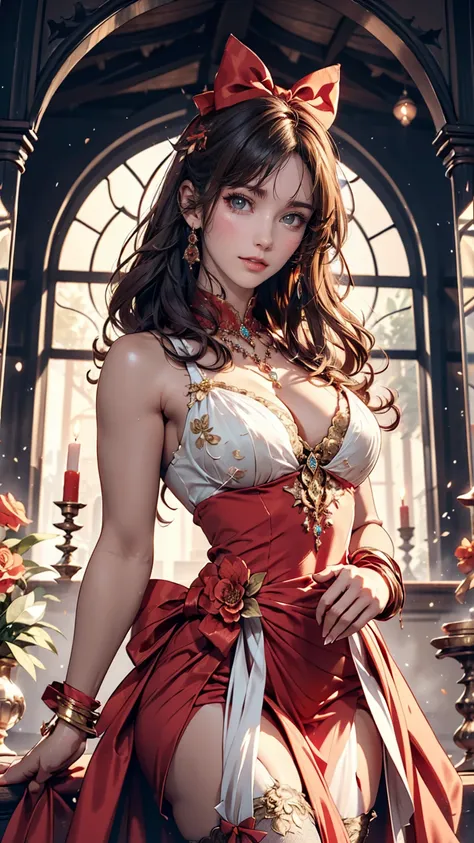 One girl, length_hair, bright_hair_color, Fascinating_eye, mysterious_Performance, mature_exterior, glamorous_Costume, Flowing_dress, elegant_jewelry, Complex_Decoration, magic_symbol, Shine_accessories, Portion, Scroll, cute_accent, bow, ribbon, Flowers,