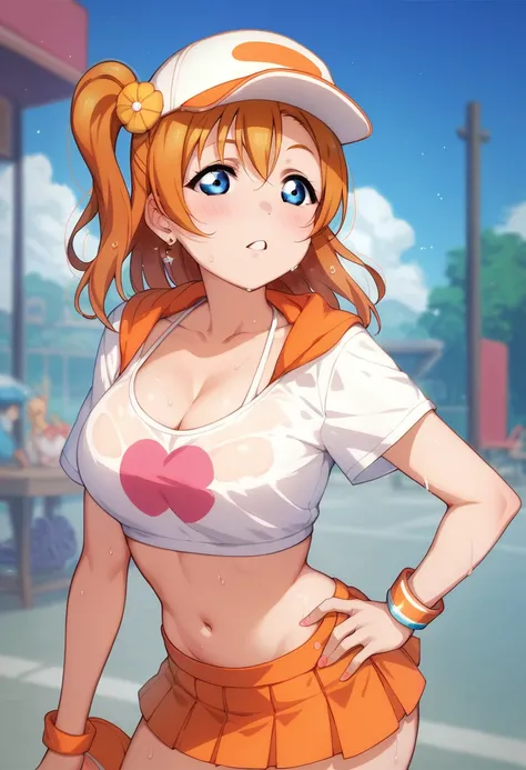 Honoka kousaka love live, cowboy shot, blue eyes, orange hair, micro skirt, tinnies crop top,cap, sweating, cleavage , tinnies stadium ,hand on hip