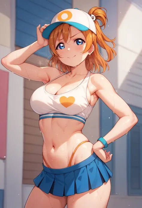 Honoka kousaka love live, cowboy shot, blue eyes, orange hair, micro skirt, tinnies crop top,cap, sweating, cleavage , tinnies stadium ,hand on hip