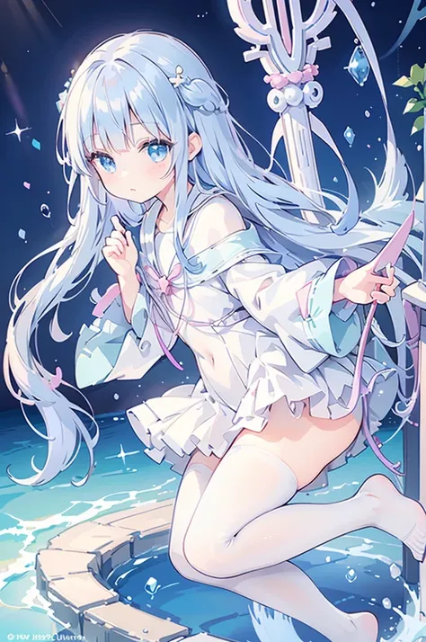 A magical girl with a mermaid motif、Highest quality、Loriータ、Confused eyes、Primary school students、small、Lori、Young Girl、Water Manipulation Magic、Magical girl who controls water、beautiful girl、cute、Full-body portrait、light blue、Have a koto、Playing the lyre、C...