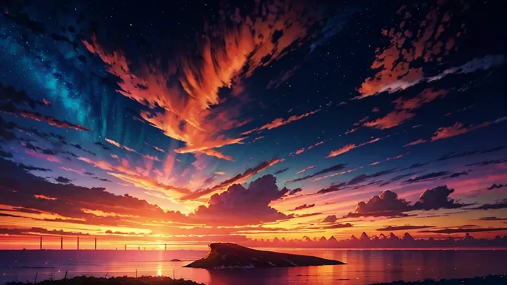 Anime-style digital painting of a horizon landscape with a sunset and aurora, amazing, Atmospheric,Soft and warm sunset light low angle, A palette of soft tones, such as pink, to accentuate the horizon, Orange and blue