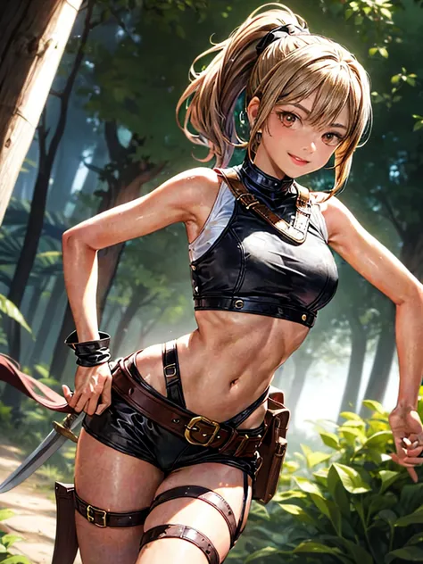 Young girl, tanned skin, short brown ponytail, golden eyes, no breasts!!!, smiling, leather harness, white sleeveless t-shirt!!!, black fabric short, leather belt, sword sheathed on right hip, walking on a path land, night forest (Best quality)