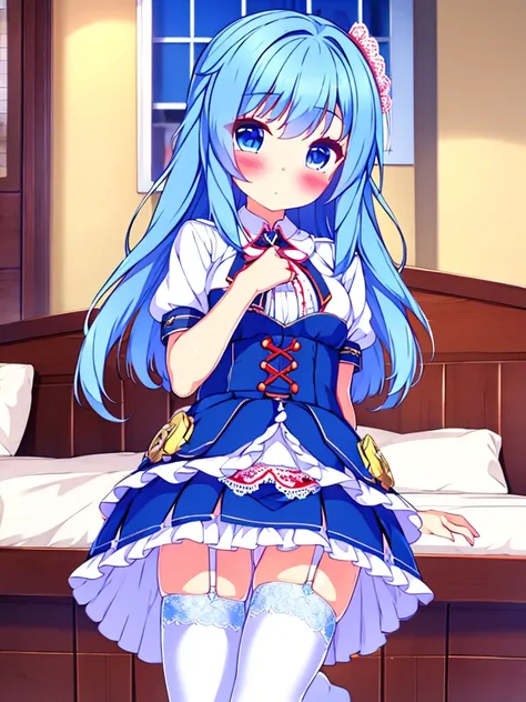 Beautiful cute girl with high quality ray tracing detail in underwear with stockings and garter belt with lace blue hair white blue eyes blush on cheeks in room 