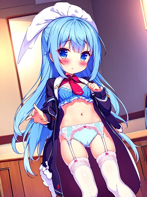 Beautiful cute girl with high quality ray tracing detail in underwear with stockings and garter belt with lace blue hair white blue eyes blush on cheeks in room 