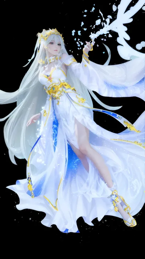 Anime girl in white with a flowing white dress and gold accents., Whole Xianxia, white haired god, ((Beautiful Fantasy Empress)), flowing white coat, anime goddess, Hess Jinyao, Beautiful Fantasy Empress, long, fine white hair, Flowing magic cloak, Anime B...