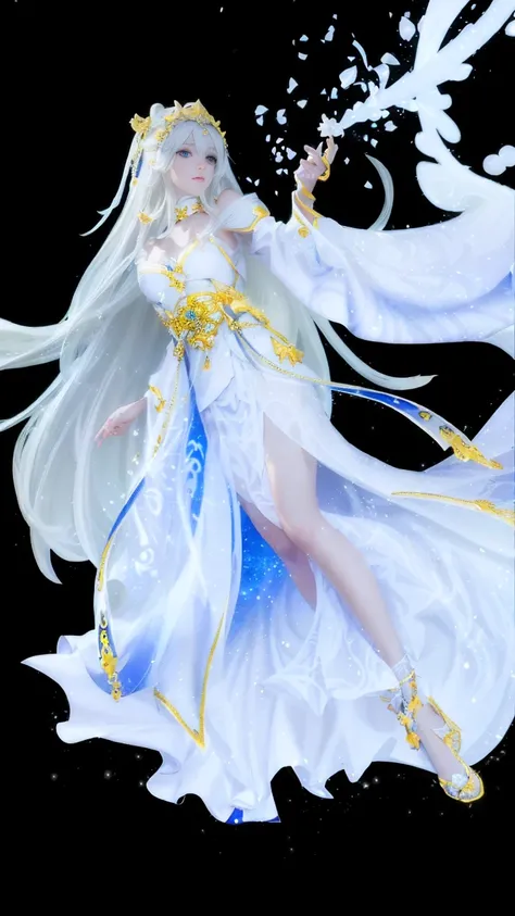 Anime girl in white with a flowing white dress and gold accents., Whole Xianxia, white haired god, ((Beautiful Fantasy Empress)), flowing white coat, anime goddess, Hess Jinyao, Beautiful Fantasy Empress, long, fine white hair, Flowing magic cloak, Anime B...