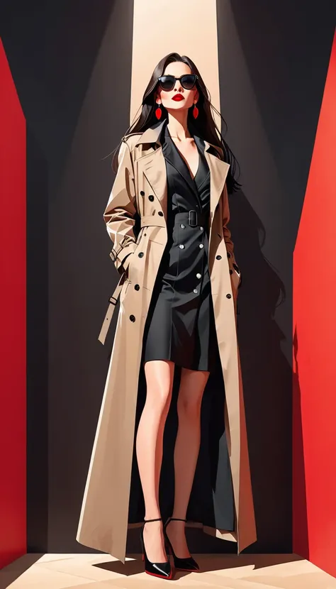 Simple vector illustration，Beautiful girl standing against the wall，Delicate red lips，unique，confidence，Long straight hair，sunglasses，Exaggerated earrings，unique，Staring at the audience），（Black deep V trench coat：1.37，Red bottoming skirt）。Looking from the ...