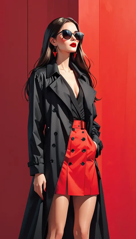 Simple vector illustration，Beautiful girl standing against the wall，Delicate red lips，unique，confidence，Long straight hair，sunglasses，Exaggerated earrings，unique，Staring at the audience），（Black deep V trench coat：1.37，Red bottoming skirt）。Looking from the ...