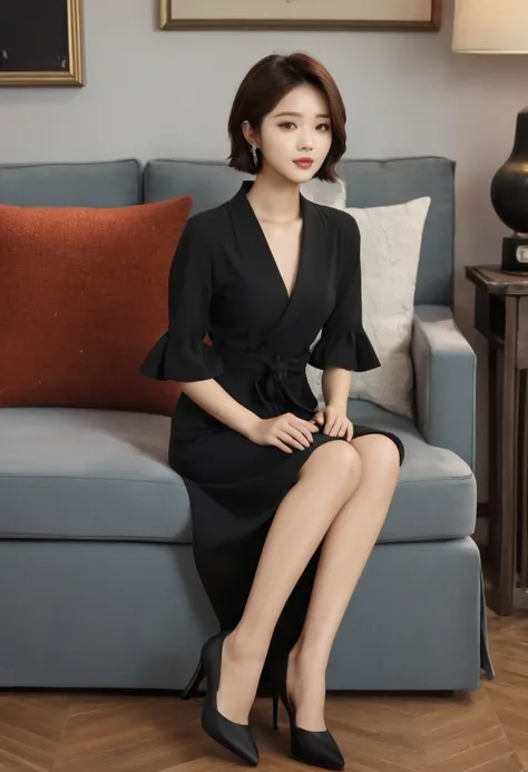 Comfortable everyday look, woman in black dress, living room, chest B cup, Inspired by Jiwon Kim, jiyun chae, inspired by Russell Lu Dongjun, Song inspired by Gao Qipei, by Russell Lu Dongjun, Inspired by Shin Min-jeong., /Short hair