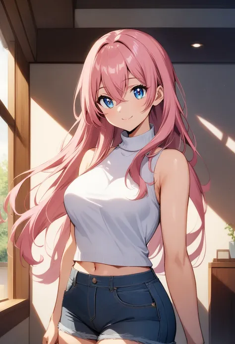 anime art style, masterpiece, best quality, very aesthetic, absurdres, dynamic shadows, atmosferic, shikimorisan, (1girl), pink hair, long hair, blue eyes, detailed eyes, shadows on eyes, hair between eyes, bangs, curvy body, medium breasts, makeup, curvy ...