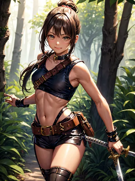 Young girl, tanned skin, short brown ponytail, golden eyes, no breasts!!!, smiling, leather harness, white sleeveless t-shirt!!!, black fabric short, leather belt, sword sheathed on right hip, walking on a path land, night forest. (Best quality)