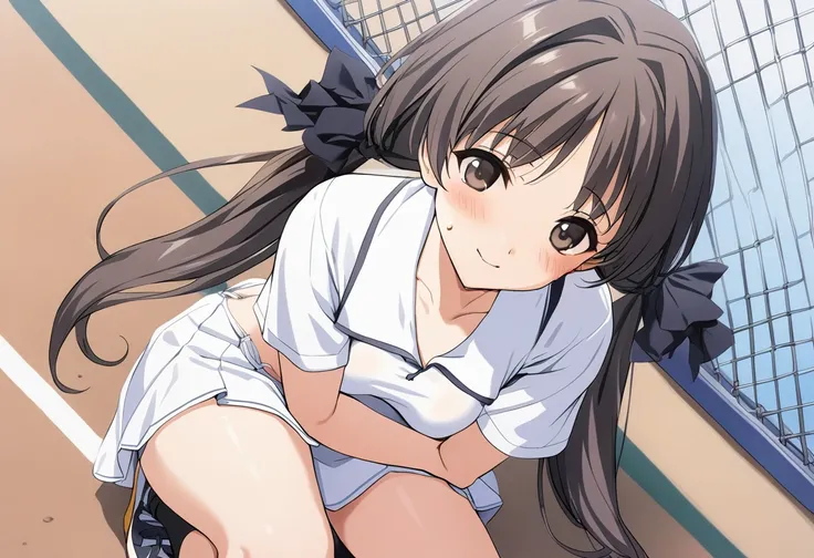 One girl,((Hotaru)),smile、Gentle expression,slender body,ideal ratio body proportions,,arms behind back,squatting,spread legs:1.3,training、blush,,(White tennis wear、body-conscious、white tight polo shirt、white tight mini skirt、Cute string panties,panty shot...