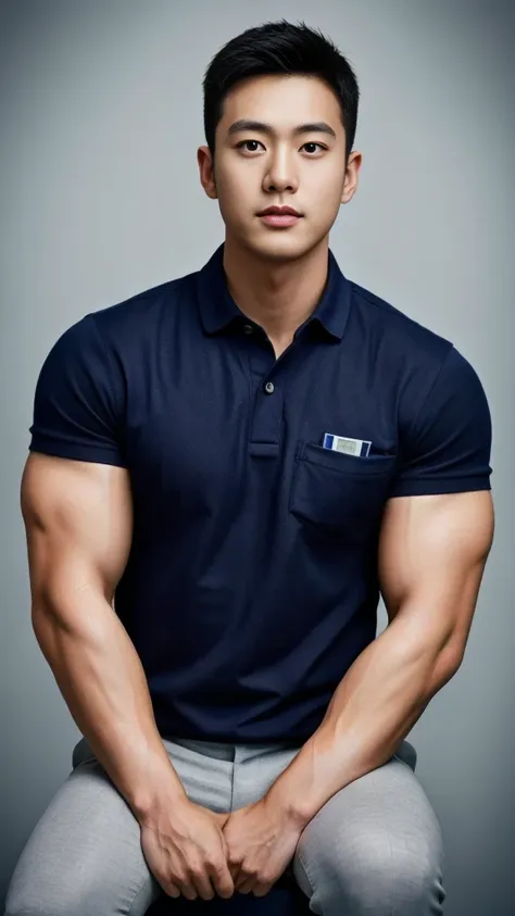 a male police officer in his 20s poses for a group photo....., wear a navy blue polo shirt......................., high resoluti...