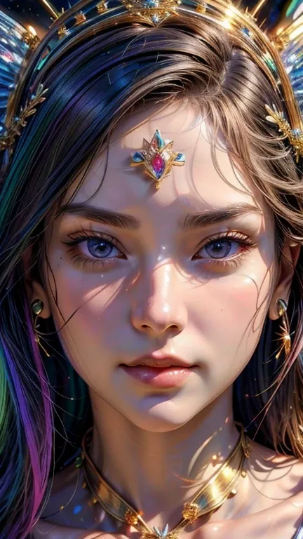 ((masterpiece, 最high quality, high quality, High resolution, Super detailed)), (Frontal face:2),Wearing a rainbow dress、All the love is on her side。Shining like crystal、（Iridescent angel wings：1.5）、Golden tiara、Breathtaking beauty、Milky Way、universe、Beauti...