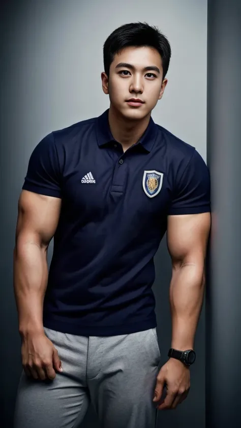 A male police officer in his 20s poses for a group photo....., Wear a navy blue polo shirt......................., high resolution, Masterpiece, best quality, head:1.3,((Hasselblad photos)), Smooth and fine skin, clear focus, (movie light), during the nigh...