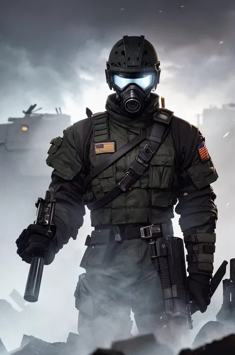 Imagine an imposing soldier, Standing on a desolate battlefield. He is dressed in a full military uniform, camouflaged, battle-worn. Its robust, well-fitting helmet completely covers your head, reflecting the dark ambient light. Below the helmet, a black g...