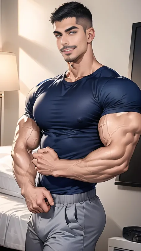 (handsome Man),(Thin mustache:1.1),(crew cut short hair:1.5),black eye,
(navy blue tight-fitting round neck short sleeve T-shirt:1.3),(Police badge:1.3),navy blue cargo pants,(navy_gloves:1,3),
Korean guy,chest muscles,large arm muscles,blood vessel,Big mu...