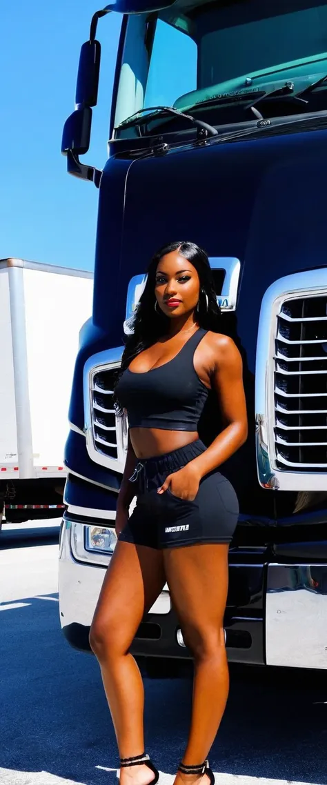 truck driver beautiful girl, black colour skin, close up, full body, infront of the new semi truck, in florida