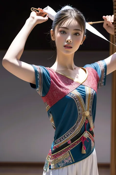 (8K, RAW photo, highest quality, high resolution: 1.1), (ultra-realistic: 1.4), (realistic, realistic: 1.3), Japanese beauty, rhythmic gymnastics club, rhythmic gymnastics uniform, (upper body: 1.3)