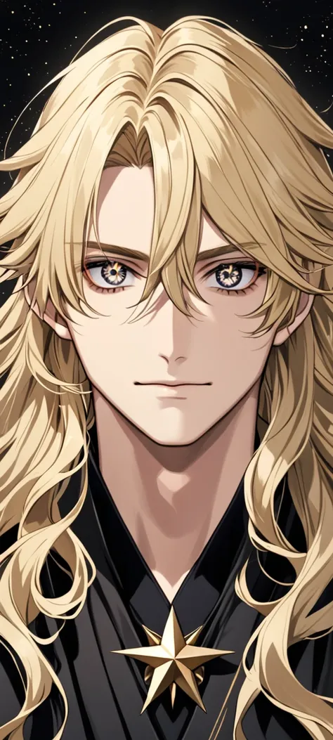 A guy with long wavy blond hair and black eyes , star-shaped pupils, black robe
