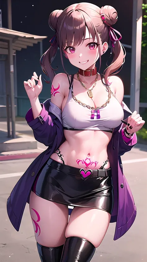 masterpiece, Highest quality, High resolution, Chiyoko, Hair Bun、Double good, Twin tails, Hair Ribbon, collar, Chain Necklaces, Expose your shoulders, Cleavage, Off the shoulder, Pink jacket, Open jacket, abdomen, belt, Black Skirt, alley, Contact us, Talk...