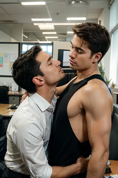 Generate a pic where two office boys kissing in boss office 