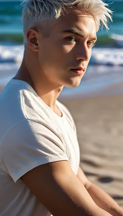 (extremely detailed and high-quality illustration),(best lighting and shadow effects, ultra-realistic), beach, young man with a wheat skin tone and short light white hair, looking out at the ocean with a pensive expression,muscle