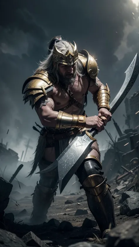 a barbarian warrior in grey and white armor with golden trim, wielding an axe in a battlefield against a mythical creature, highly detailed, epic battle scene, volumetric lighting, cinematic composition, dramatic shadows, vibrant colors, intricate textures...