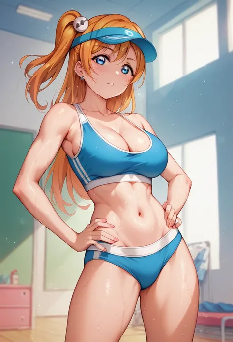 Honoka kousaka love live, cowboy shot, blue eyes, orange hair, underwear only, tinnies crop top,cap, sweating, cleavage , tinnies stadium ,hand on hip, school sports room