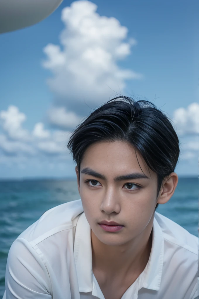 A young man in a shirt stood by the sea with a serious expression., looking into the distance，Eyebrows frowned.，He looked worried.，Turn your head slightly.，Cloudy day