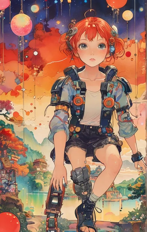 On a bright red campus"YES"Character、A colorful and dreamy anime-style illustration of a young girl with short red hair, sitting amidst a vibrant, mechanical landscape. She is wearing a casual outfit with mechanical leg armor, surrounded by a kaleidoscope ...