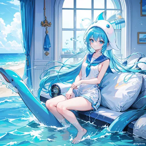 highest quality,whole body,long hair,girl,one young girl,dolphin hat,window made of water,Sea Background,blue sky,girl with dolphin tail,light blue hair,sailor suit