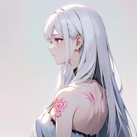 anime girl with long white hair and pink tattoo on chest, anime girl profile, beautiful anime girl, white hair girl, beautiful a...