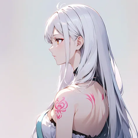 anime girl with long white hair and pink tattoo on chest, anime girl profile, beautiful anime girl, white hair girl, beautiful a...