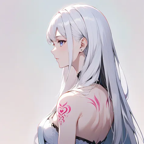 anime girl with long white hair and pink tattoo on chest, anime girl profile, beautiful anime girl, white hair girl, beautiful a...