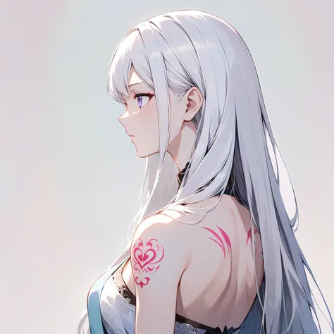 anime girl with long white hair and pink tattoo on chest, anime girl profile, beautiful anime girl, white hair girl, beautiful a...