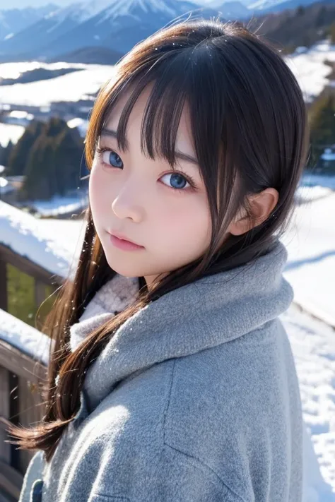 "Beautiful and seductive Japanese teenage girl、Standing in a snowy mountain landscape。Her face is plump、Eyes as narrow as a cat&#39;s。expression is dark。Her hairstyle is a long ponytail with sideburns tied with a red ribbon.。Wear a traditional white kimono...