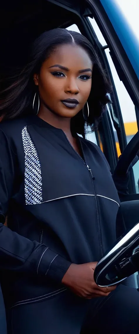 truck driver beautiful girl, black colour skin, close up, in the new volvo semi truck