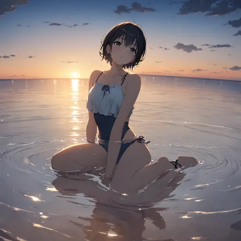 1girl、afloat、Black Hair、Swimwear、Ocean、evening、Reflection on the water、deep faint light 、 detailed CG、high resolution