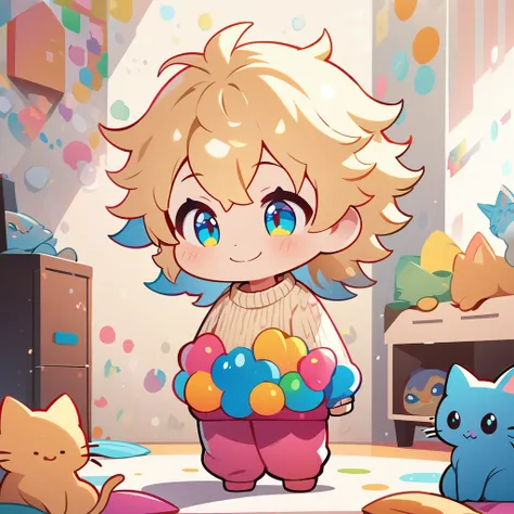 masterpiece、Highest quality、Depth of subject、２D illustration、1 beautiful boy、solo, (((chibi style)))、Short, messy hair、Shiny blonde hair、cute、Beautifully detailed eyes、((long sweater)), ((colorful))、long pants、((happy smile))、((kitten cluster)), ((full bod...