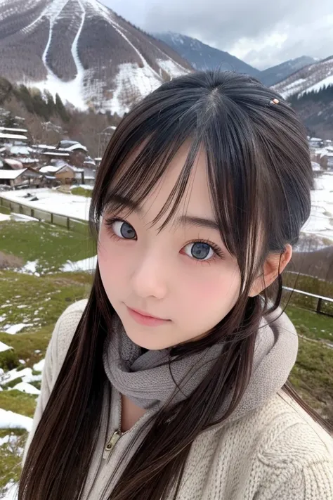 "Beautiful and seductive Japanese teenage girl、Standing in a snowy mountain landscape。Her face is plump、Eyes as narrow as a cat&#39;s。expression is dark。Her hairstyle is a long ponytail with sideburns tied with a red ribbon.。Wearing a white traditional Jap...