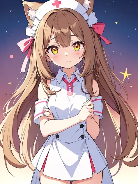 An anime girl with cat ears and a cat tail, dressed as a nurse. She has long, straight light brown hair that falls softly over her shoulders.. His eyes are large and emerald in color., full of sweetness and empathy. Las orejas de gato son esponjosas y the ...