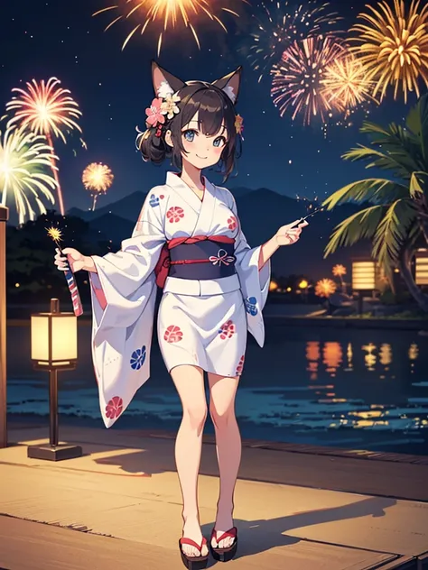 (masterpiece, Highest quality, Super detailed),One girl,((super fine illustration)),((cute eyes,highly detailed skin)),((smile)),(well endowed,Blessed,Captivating body、Detailed Background)、(yukata:1.5),firework,(大量のfirework,Night view,Ocean)、Festivals,  fu...