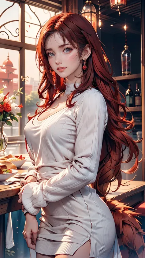 24 year old Caucasian female、Red hair、Inner Color((colored inner hair))、Triple tail((tri tails))、Gradient color hairstyle ((gradient hair))、Long eyelashes((longeyelashes))、Long knit dress（knit dress）((Covers up to the wrist))wear、Dinner hosted by His Majes...