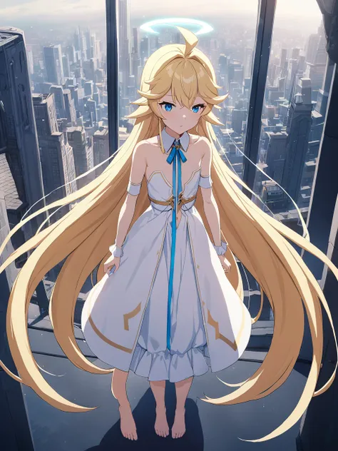 Zaora, blue eyes, (Variegated eyes:0.5), Blonde, Very long hair, Twin Blade, bangs, Ahoge, Hello, Angel, Flat Chest, White Dress, Belly button cutout, Detachable collar, Strapless, Neck ribbon, Bare shoulders, Angel wings, barefoot, One girl, Solo Break Sp...