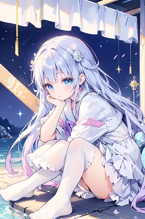 mermaidモチーフのMagical girl、Highest quality、Loriータ、Confused eyes、Primary school students、small、Lori、Young Girl、Water Manipulation Magic、水を司るMagical girl、beautiful girl、cute、Full-body portrait、light blue、Have a koto、Playing the lyre、Clear eyes、pose、Magic Exerc...