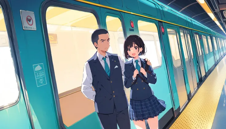 A middle-aged man is lifting the skirt of a girl with black bob hair, wearing a blazer uniform and a navy blue checked skirt, standing on a train、whole body