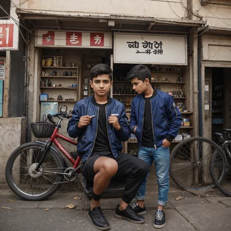 boy fixing the puncture in front of a puncture shop named as pizu puncture vala and the boy is wearing a bomber jacket