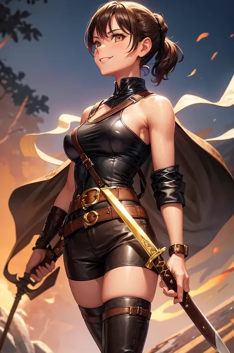 Creating an illustration of a girl in her thirties, short brown ponytail, golden eyes, tanned skin, no breasts!!!. smiling expression - shes wearing a leather harness, white sleeveless t-shirt!!!, black fabric short, leather belt, sword sheathed on right h...