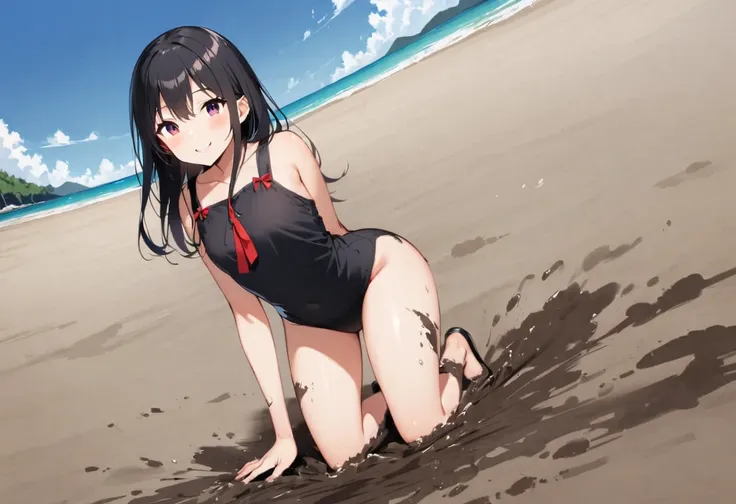 On all fours、One person、tideland、blue sky、Black T-shirt、Black Swimsuit、Short black hair、Thighs、Girl、Girl、Short、Younger、Lower school year、Baby Face、Both eyes open、flat chest、refreshing、smile、Innocence、Dynamic Angle、Beach、My feet are covered in mud、There&#39...